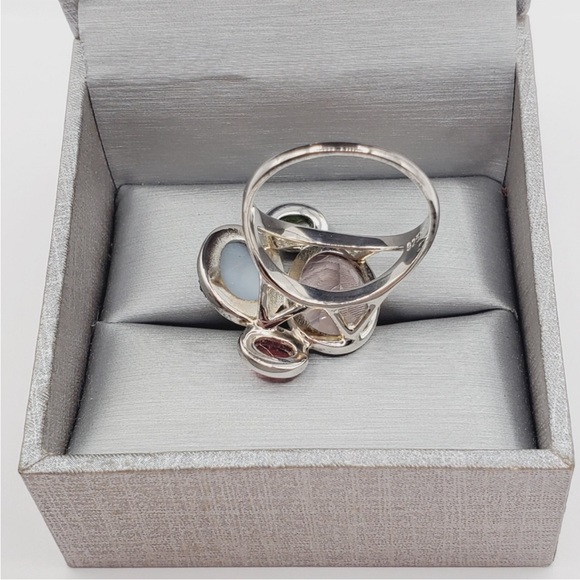 925 Sterling Silver Pink & Green Tourmaline - Pink & Druzy Quartz Statement Ring - Picture 2 of 8